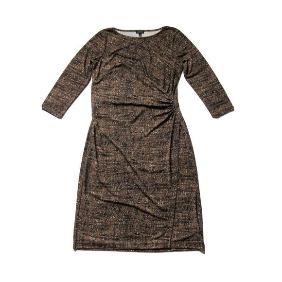 Talbots Petites City Jersey in Brown Black Tweed Print Ruched Jersey Dress PP XS - Picture 2 of 6